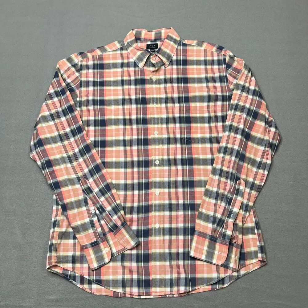 J.Crew Shirt Men's Large Pink Green Summer Plaid Cotton Long Sleeve Button-Down